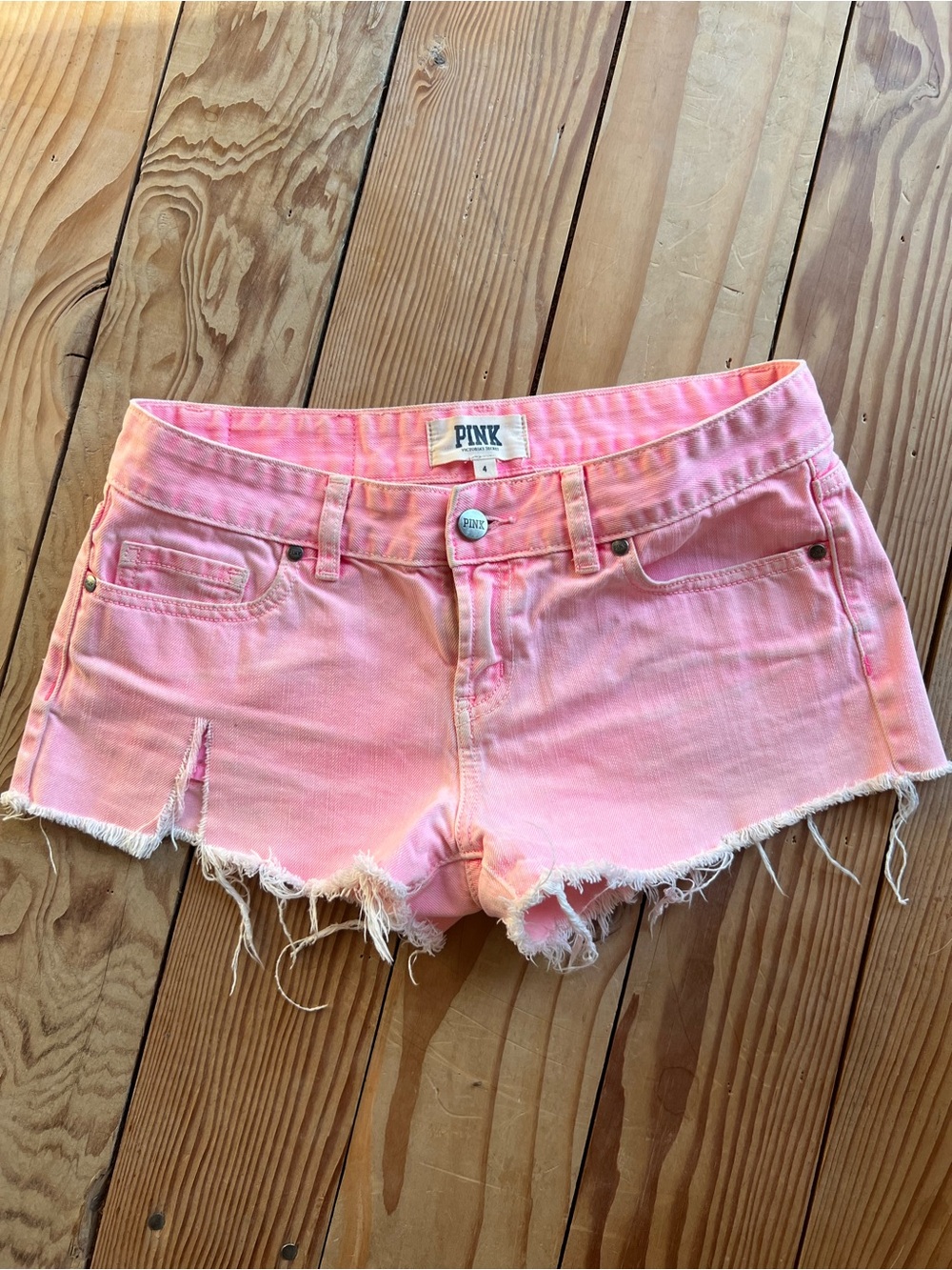 PINK Victoria’s Secret Pink Low-Rise Frayed Denim Shorts Size 4 Coral Pink